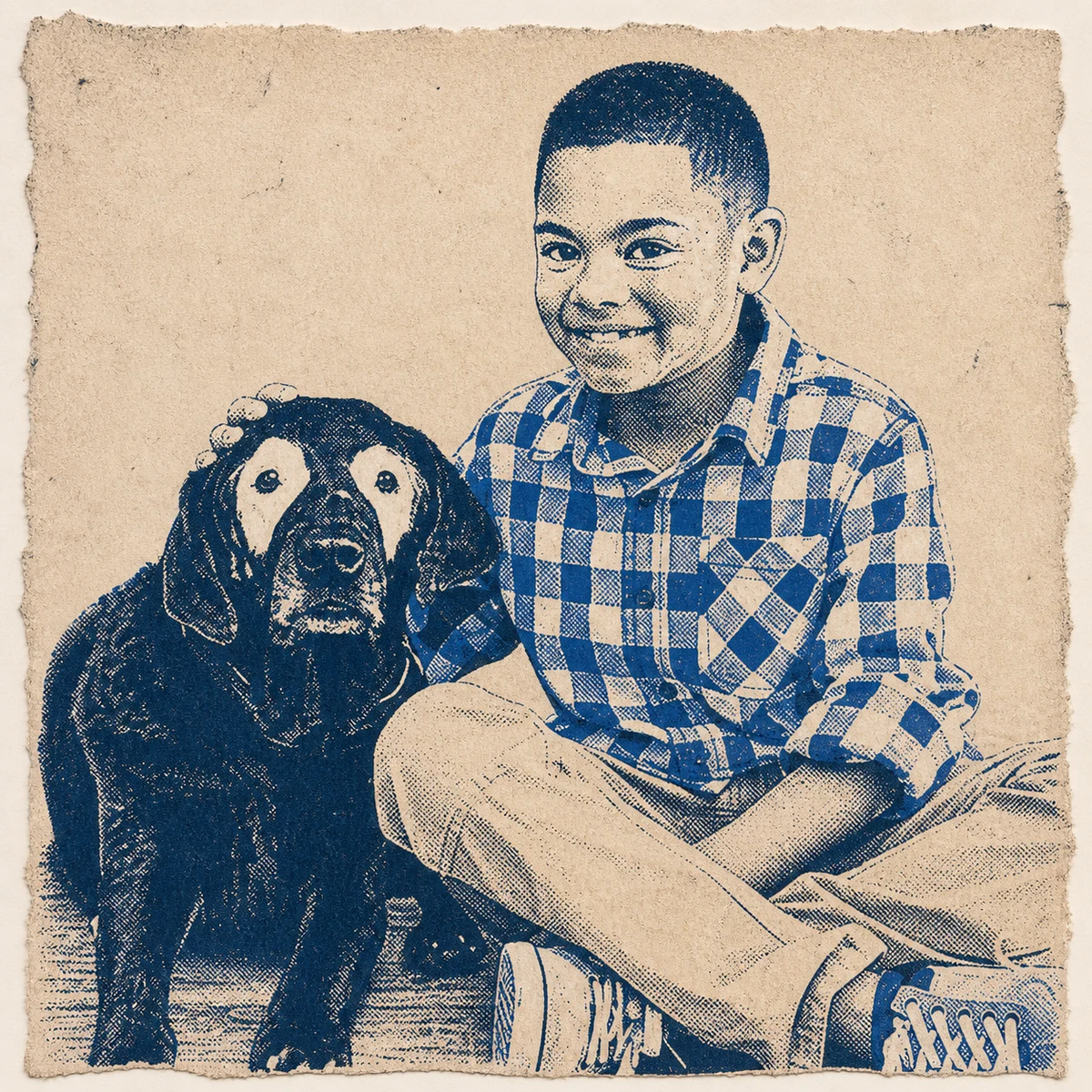 Two-color screenprint interpretation of Carter sitting beside Rowdy